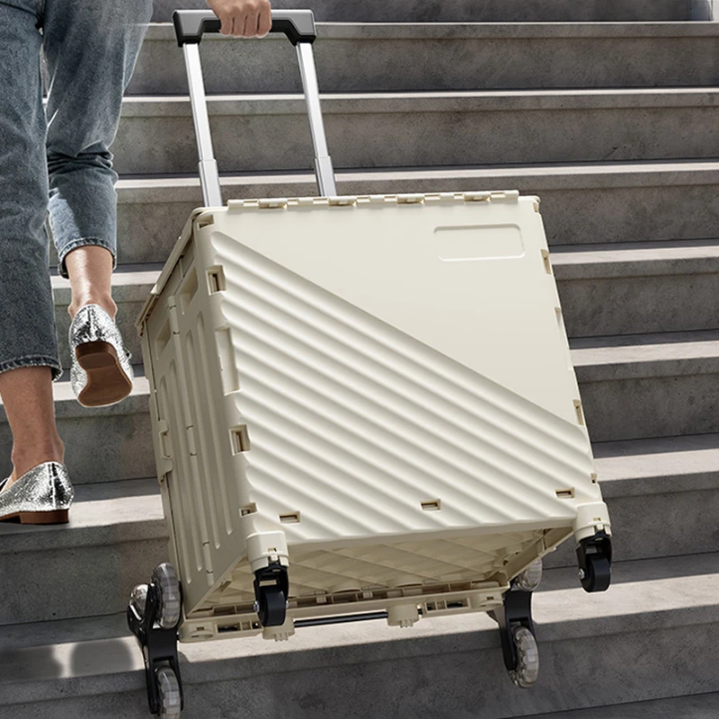 Carrello della spesa con scatola portaoggetti con coperchio Carro pieghevole con maniglia regolabile Carrello con ruote rotanti per viaggi all'aperto