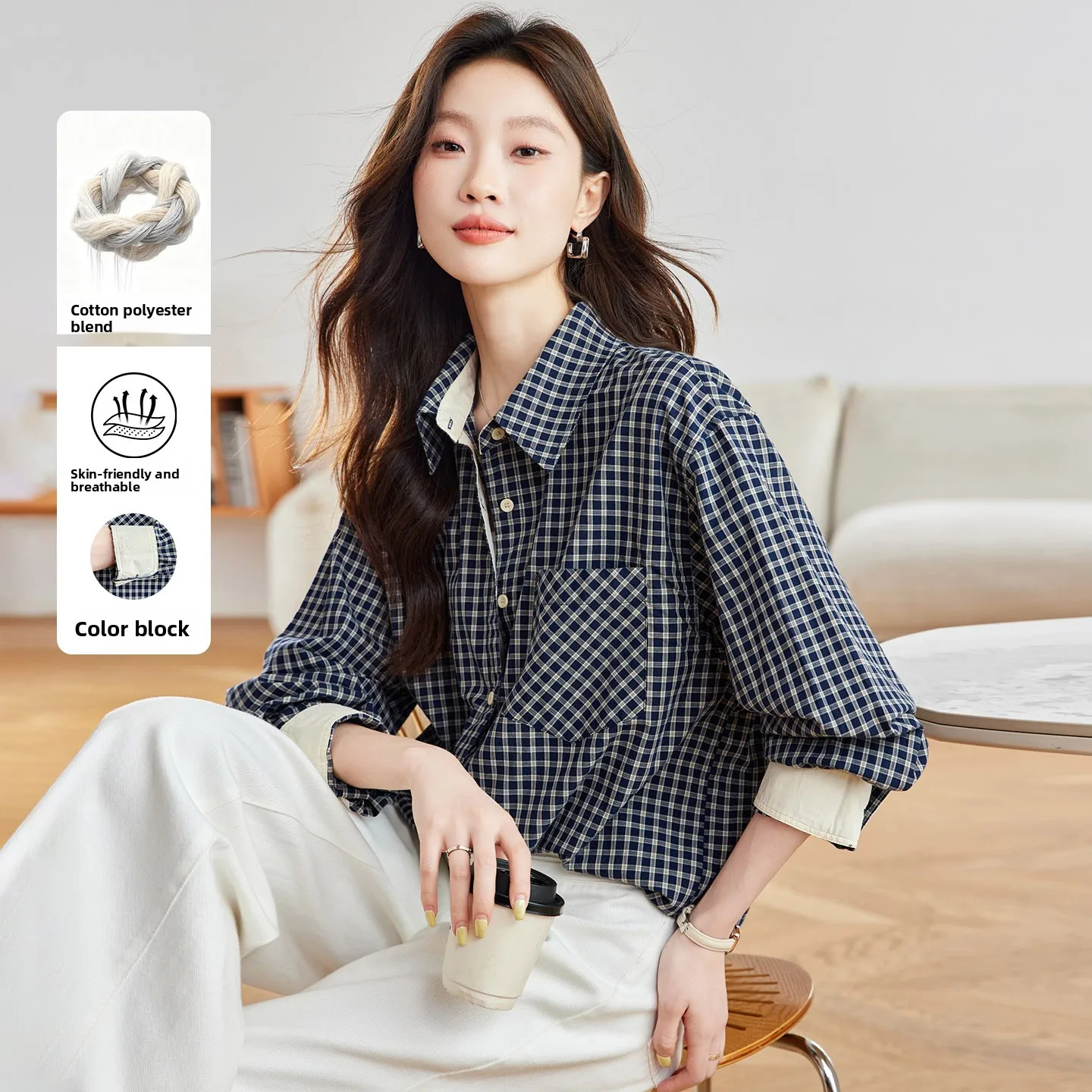 

Свободный крой в клетку Long Sve Cotton irt Женский корейский топ Lazy Feel Commute плюс размер irt Осенний сезон Китайское происхождение