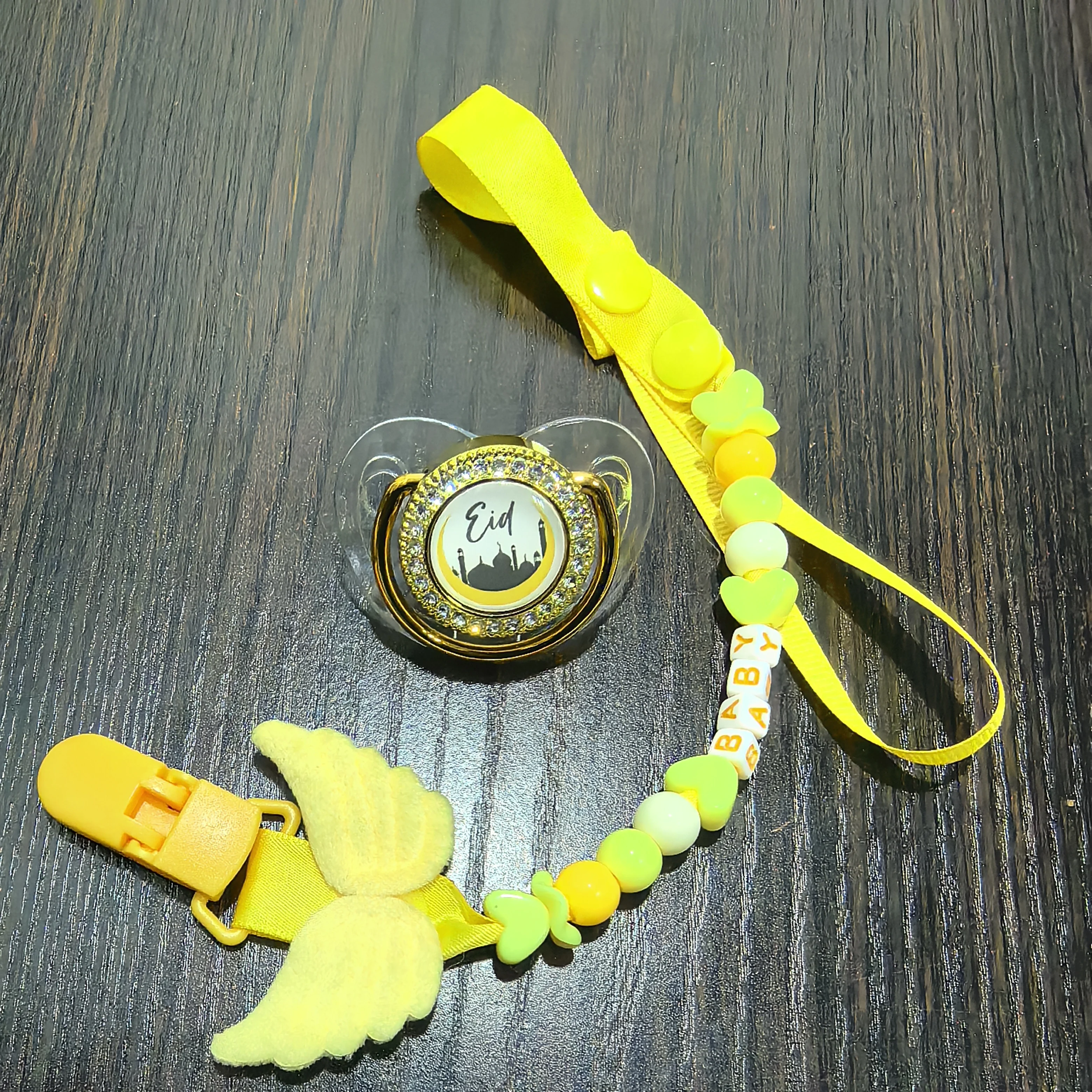 

Muslim Baby Pacifier Clip Set - Eid Mubarak Design with Gold Rhinestone Shield Yellow Sunflower Ribbon & Beads Islamic Baby Sh