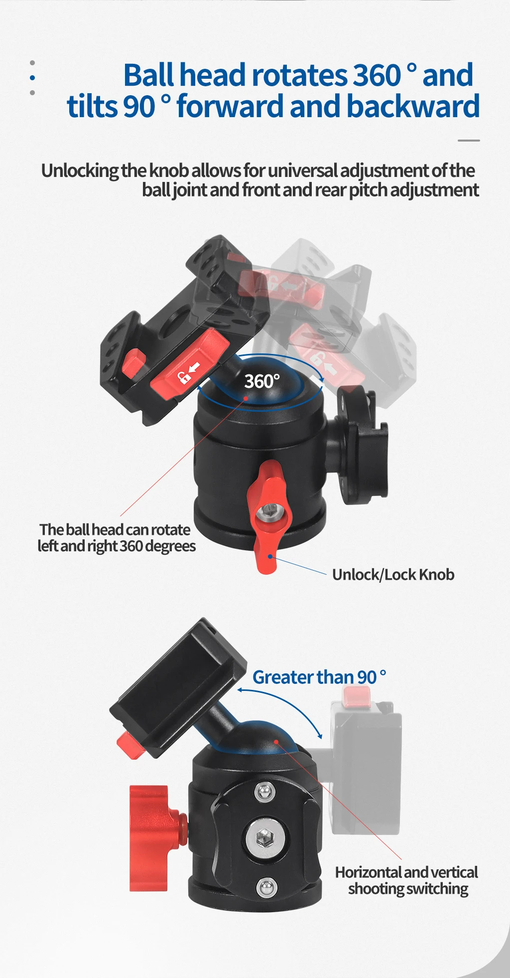 DSLR-Kamera-Stativ-Kugelkopf mit 1/4-Zoll-Gewinde, Cold-Shoe-Halterung, V-Port, Schnellwechselplatte für Fill-Light und Mikrofonständer, max. Belastung 12 kg – Detail 4