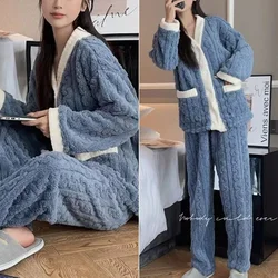 2pcs/Set Autumn Winter Pajamas Couple Thickened Warm Students Coral Girls Clot Velvet Suit Homewear Women Cardigan Trousers