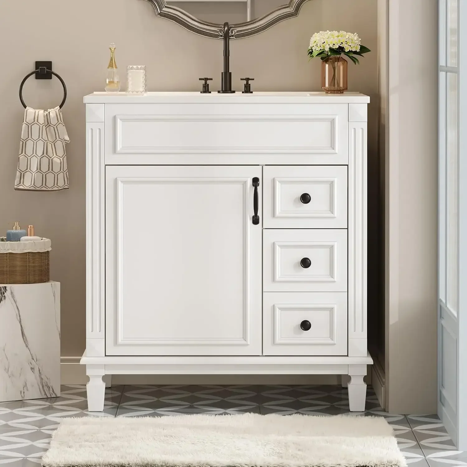 

30" Bathroom Vanity with Sink Modern Storage Cabinet Single Sink Door Two Drawers Solid Wood Frame, Customized