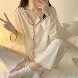 Spring and Autumn Long Sleeve Pants Pajamas Loungewear Set Women's Simple Pull Edge Loose Girl Student Loungewear Loose Suit