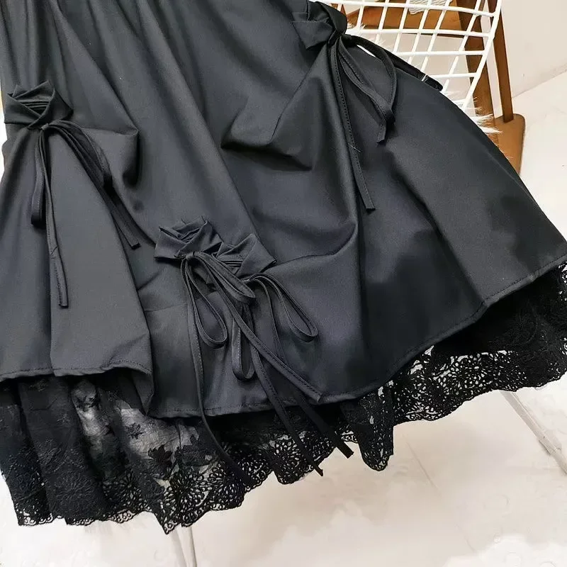 Japanese pretty girl skirt loli dark half skirt high waisted bow heavy patchwork lace A-line medium length skirt  clothes