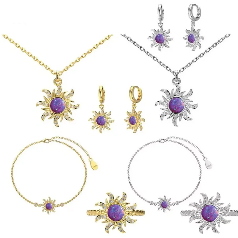 Fashion Sun Shape Pendant Necklace Inlaid Crystal Rhinestone Ear Drop Bracelet Ring For Women Daily Party Wedding Wear Jewelry