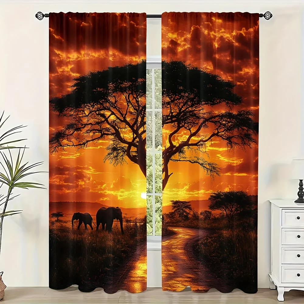 Large African Safari Sunset Curtains for Living Room Home Decor Jungle Elephants Acacia Tree Window Drapes Dramatic Tropical Nat
