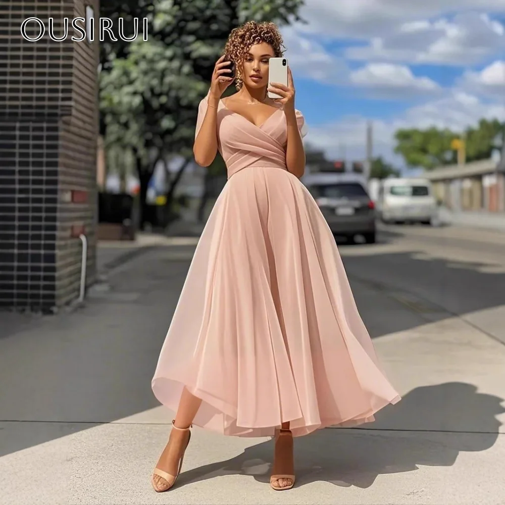

V-neck Short Sleeves A-line Homecoming Gowns Pleated Tea Length Party Dress Customized платье на выпускной