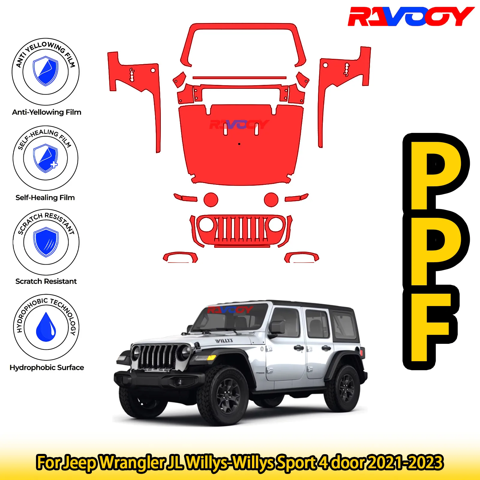 

Для Jeep Wrangler JL Willys-Willys Sport 4-дверный 2021-2023 глянцевый матовый черный предварительно вырезанный передний комплект PPF защитная пленка для краски
