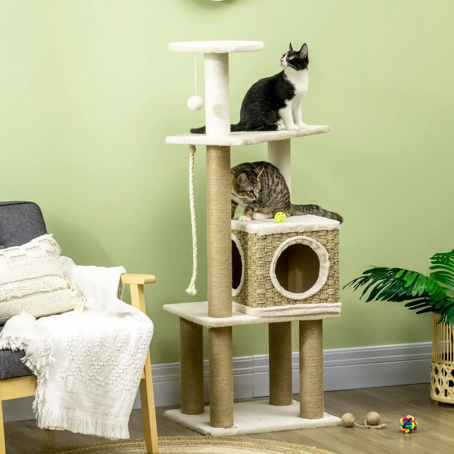 PawHut Cat Tree Climbing Kitten Tower Activity Centre for Indoor Cats w/ Jute Scratching Post, Cat House, Kitten Stand