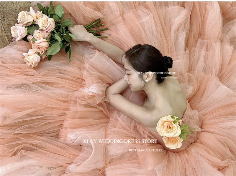 XPAY Blush Pink Tulle Long Prom Korea Evening Dresses Customised Receiption Strapless Tiered Princess Garden Wedding Gowns