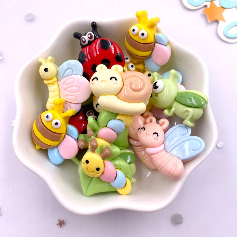 

14pcs Colorful Resin Cartoon Caterpillar Bee Grasshopper Butterfly Beetle Flatback Stone Figurines Scrapbook Craft DIY Bow Decor