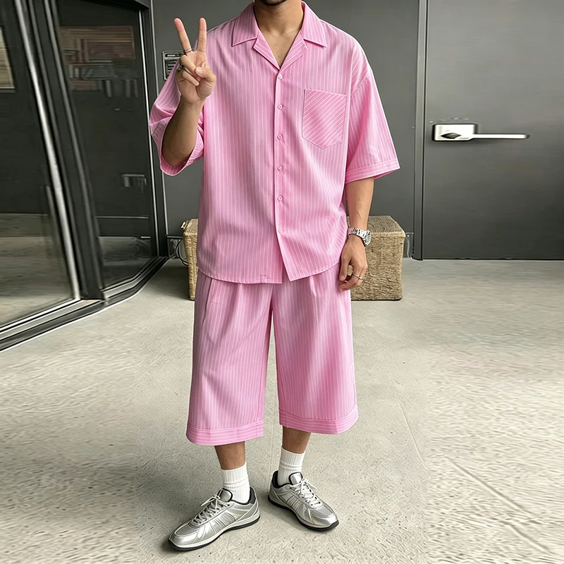 INCERUN Men Striped Sets Loose Summer Lapel Short Sleeve Shirt Pants Two Piece Sets Streetwear Fashion Casual Men Matching Sets