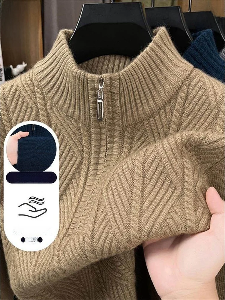 

Thiened Winter Zipper Knitted Sweater Men's Mid-aged Loose Inner irt f High Collar Warm Faionable Busin Casual