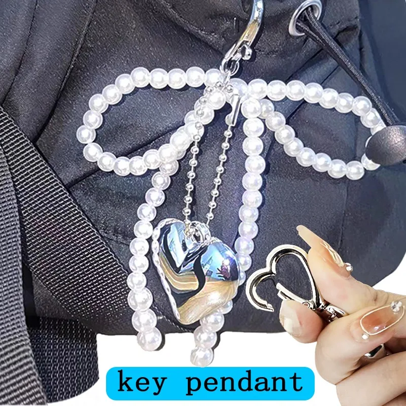 Y2K Bead Bowknot Keychain Romantic Keyring Jewelry Hanging Ornaments Heart Key Pendants Retro-futuristic Style Phone Accessories