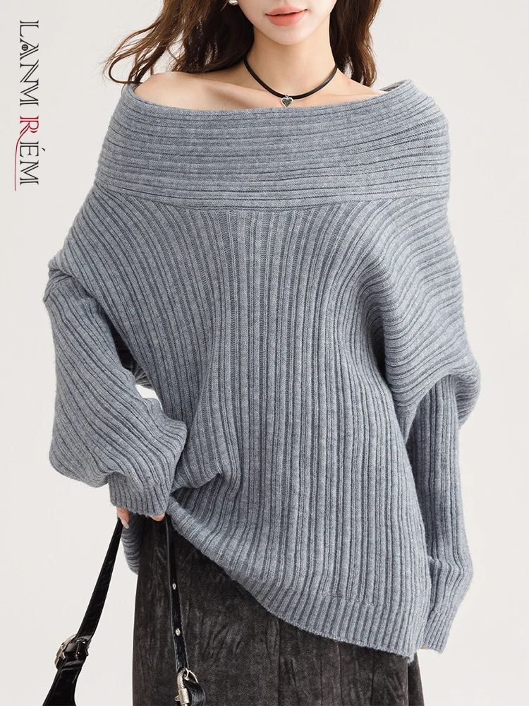 LANMREM Irregular Slash Neck Loose Personality Sweater Off Shoulder Knitted Thick Pullover Top Trendy Clothes 2DB1722