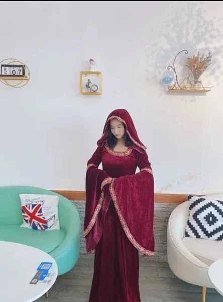 Halloween Gothic Hoodie Witch Cosplay Costume Medieval Retro Women's Dresses Long Skirt Halloween Vampire Adult Role-play Suits