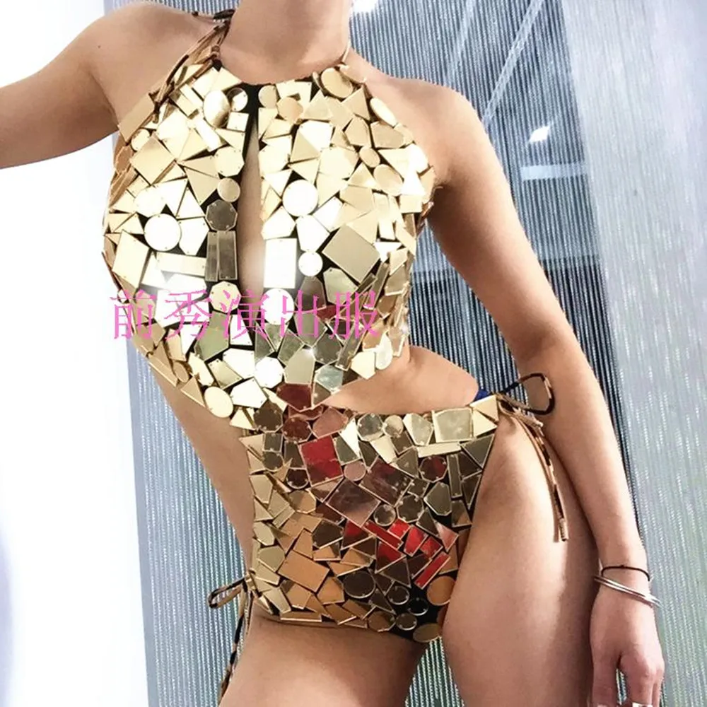 

2024 New Performance Clothing Nightclub Bar T-Stage Show DS Fashion Sexy High Fork Light Gold Mirror Lens jumpsuit