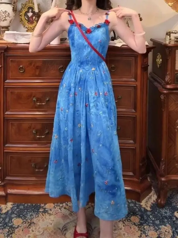 2025 verão novo azul praia vaion sle feminino Dr ter Ne estampa floral maxi saia cintura alta linha A silhueta poli...