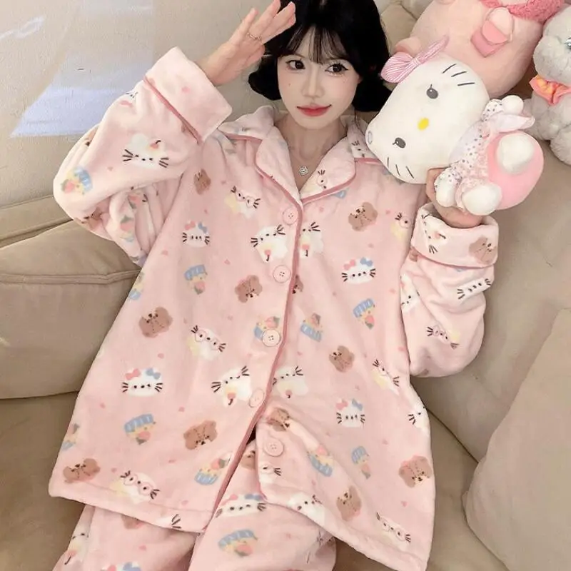 Cartoon Hello Kiity Pajamas Female Coral Fleece Cute Thicken Autumn Winter Warm Kawaii Flannel Soft Comfortable Lounge Clothes