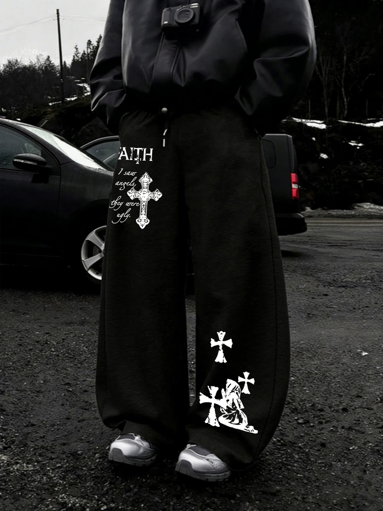 Men Y2K Dark Streetwear Sweatpants, Gothic Cross Faith Letter Angel Figure Double Side Print Drawstring Loose WideLegJoggerPants