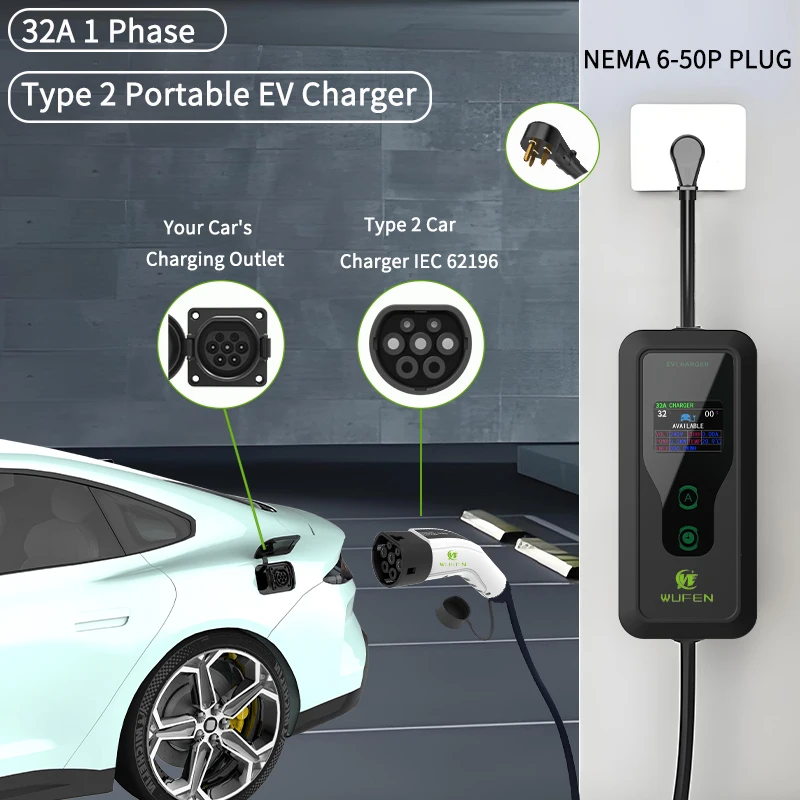 WUFEN EV Portable Charger Type2 7.6KW 240V Mode 2 Type 2 EV Charger 32A 1Phase 5M Charger Cable for IEC 62196-2 Electric Vehicle