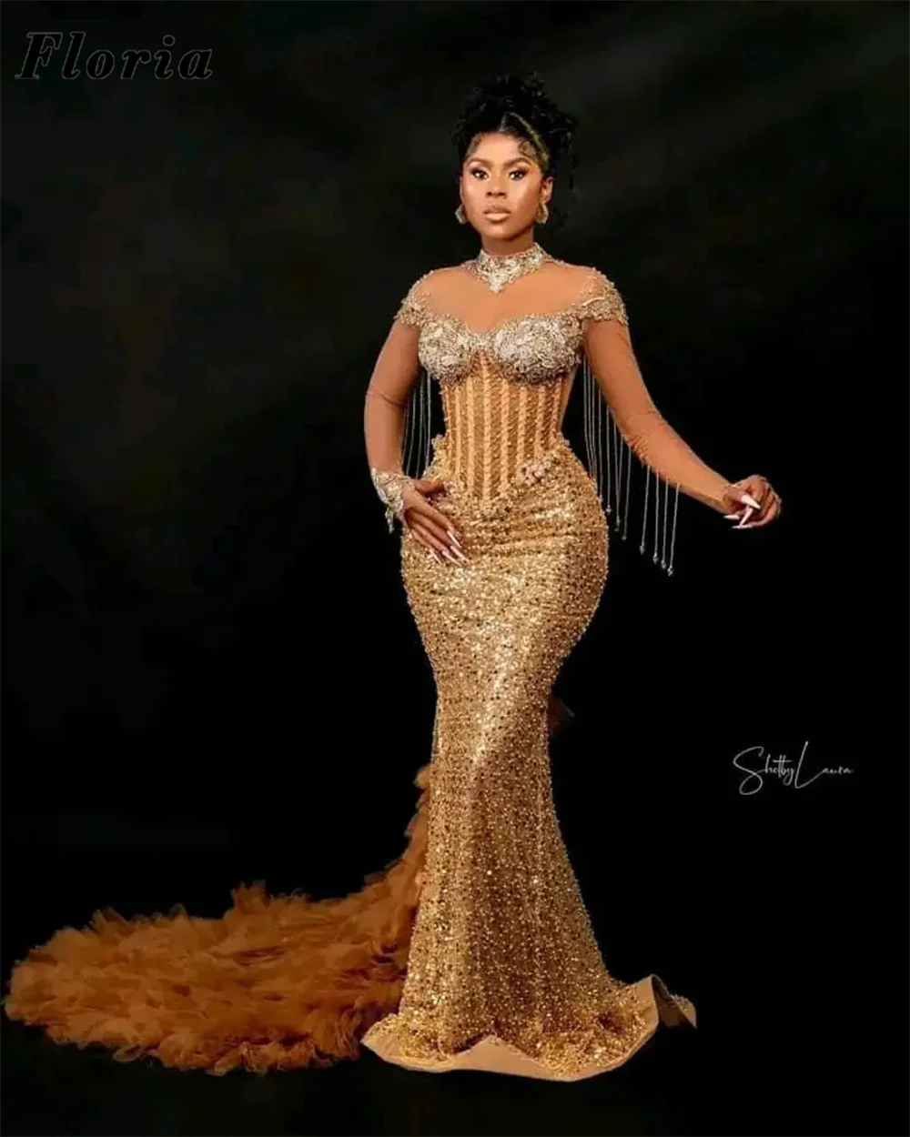 Vestidos De Noche africanos De sirena dorada Aso Ebi, mangas largas con cuentas y borlas, Vestidos De fiesta De boda, Vestidos De Noche personalizados