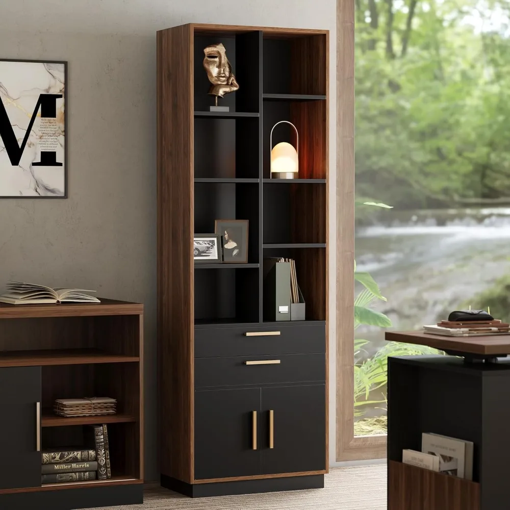 

Wood Bookcase with 2 Drawers and Doors, 8 Storage Cubes, 73.3" Tall Bookshelf, Modern Bookcases, Wooden Bookshelves