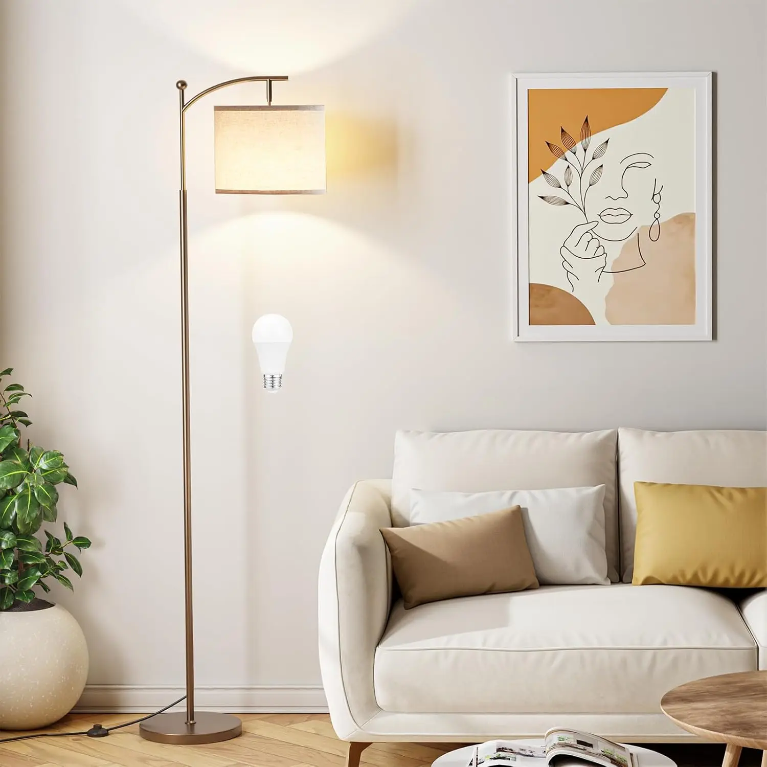 

60" Adjustable Floor Lamp with 3 Color Temperatures, Beige Shade and Brown Pole for Living Room, Bedroom, Office