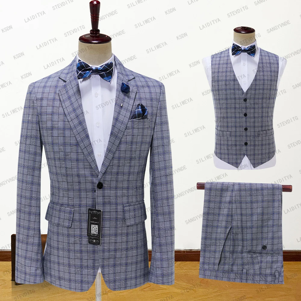 Men's Suit Jacket Vest Pants 2023 Fashion Boutique Grey Plaid Casual Business Male Groom Wedding Tuxedo 3 Pieces Set Blazer Coat