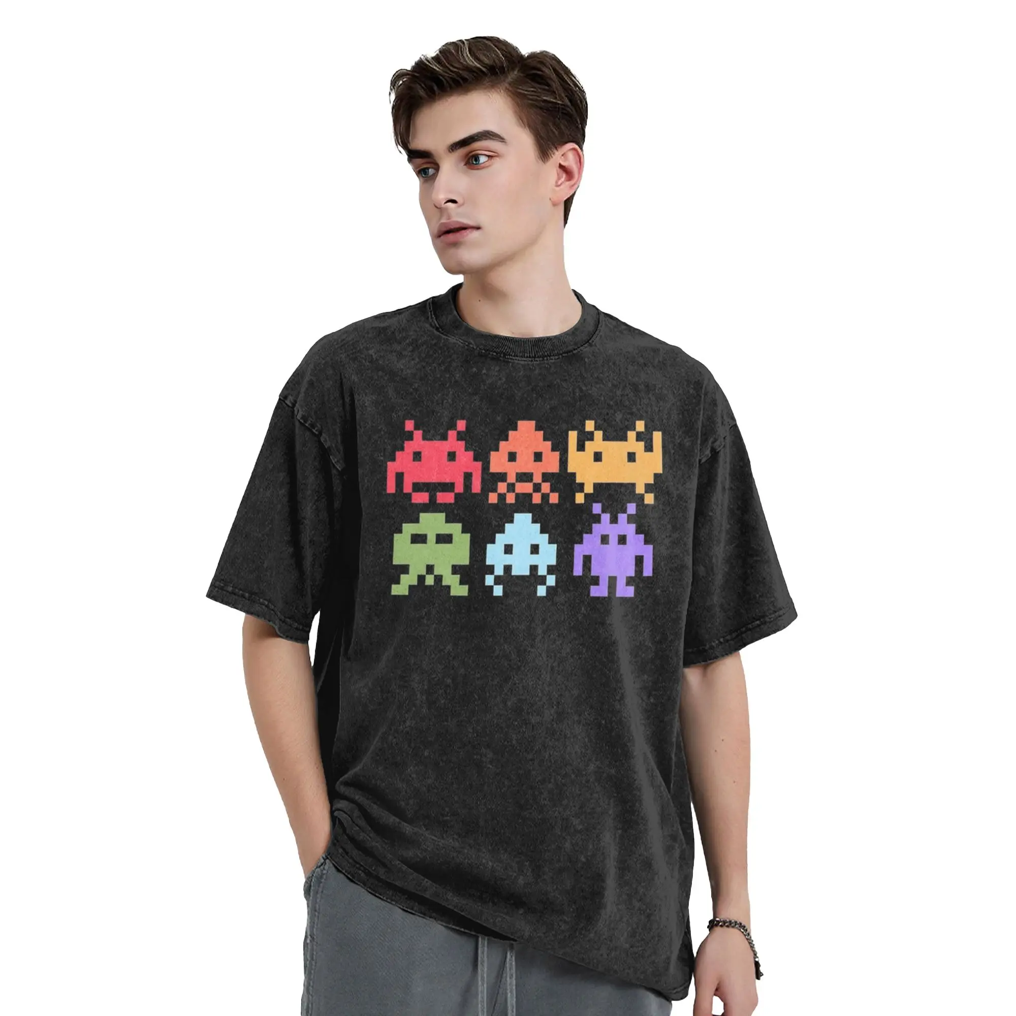 Washed T Shirts Space Invaders Pixel Art Rainbow Aliens Hip Hop Vintage T-Shirts Streetwear Summer Tops Tees for Men Women