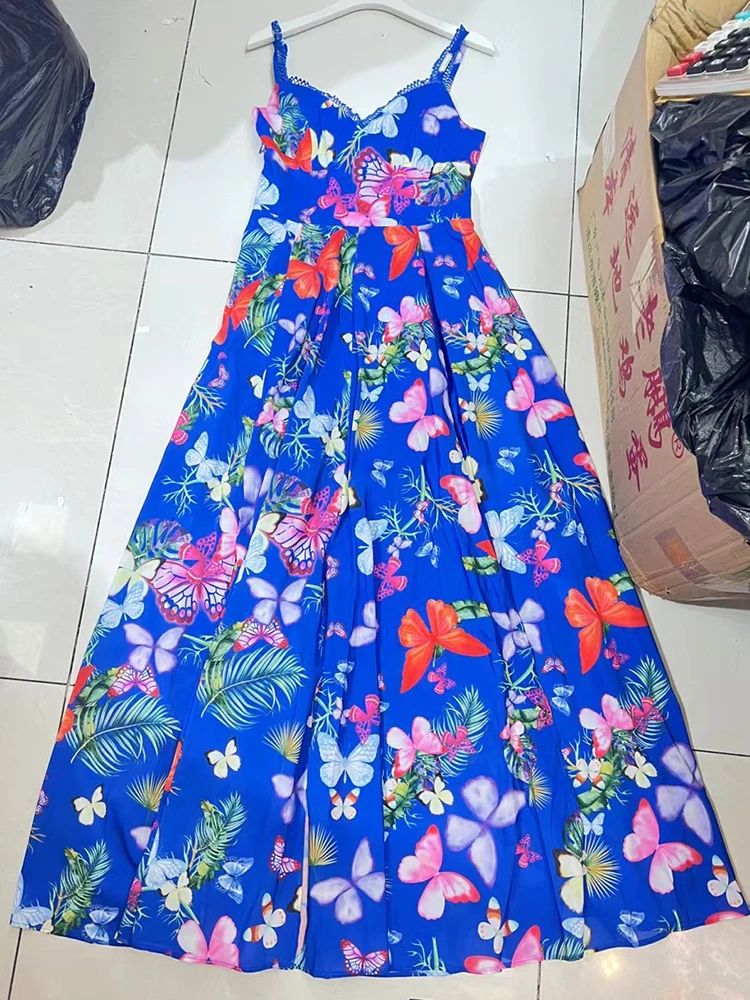 Summer new elegant dress with suspenders flower print high waist slit dress va va voom big swing A-line skirt.