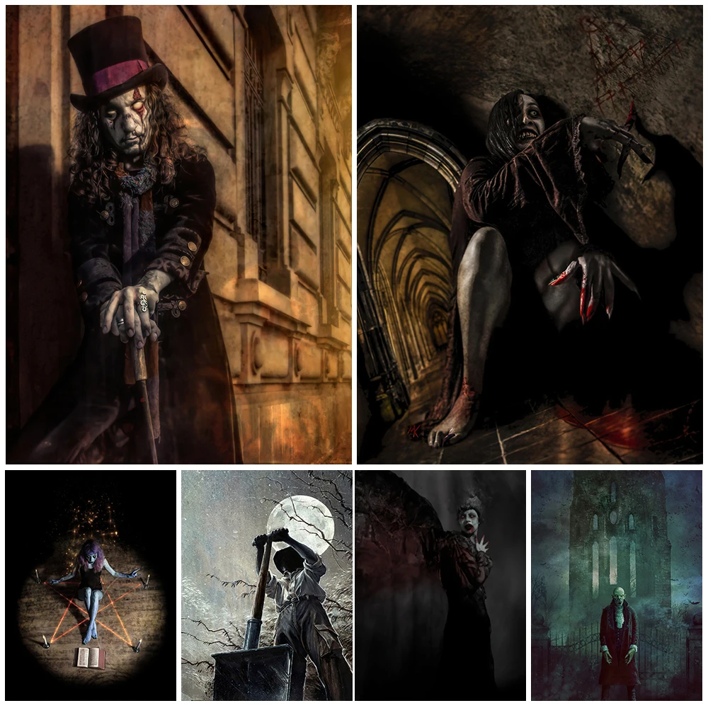 

The Grave Digger And Zombie Vintage Wall Art Canvas Painting Evil Dark Witch And Bloodthirsty Succubus Art Poster Print Decor