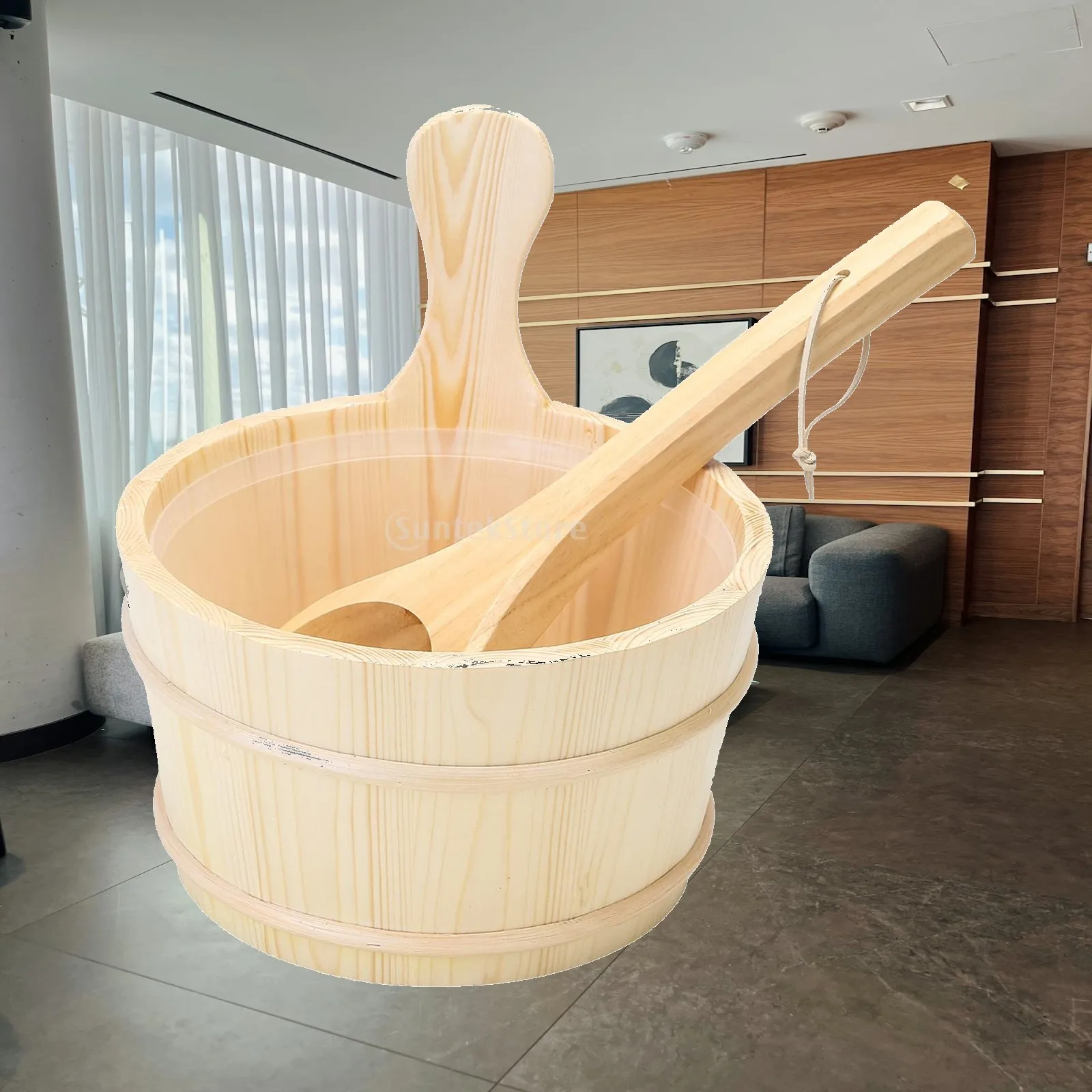 Handmade Wooden Sauna Bucket with Ladle Durable Bath Accessories Kit for Pool Spa Steam Shower