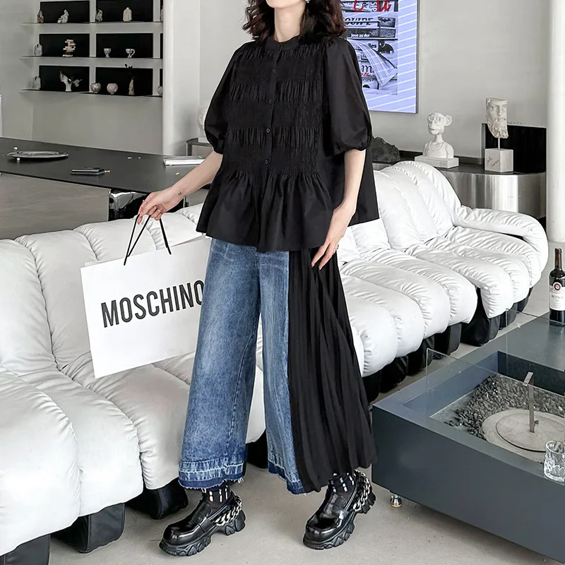 2026 nieuwe mode dames retro HK-stijl kleurblokken patchwork geplooide jeans zomer stijlvolle losse rechte casual enkelbroek