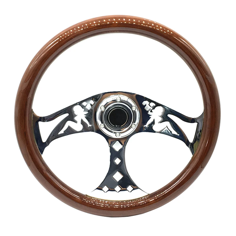 

Car Accessories Antique Classic Car Peach Pattern Solid Wood Steering Wheel Mermaid Zinc Bracket Rudder Racing Steering Wheel