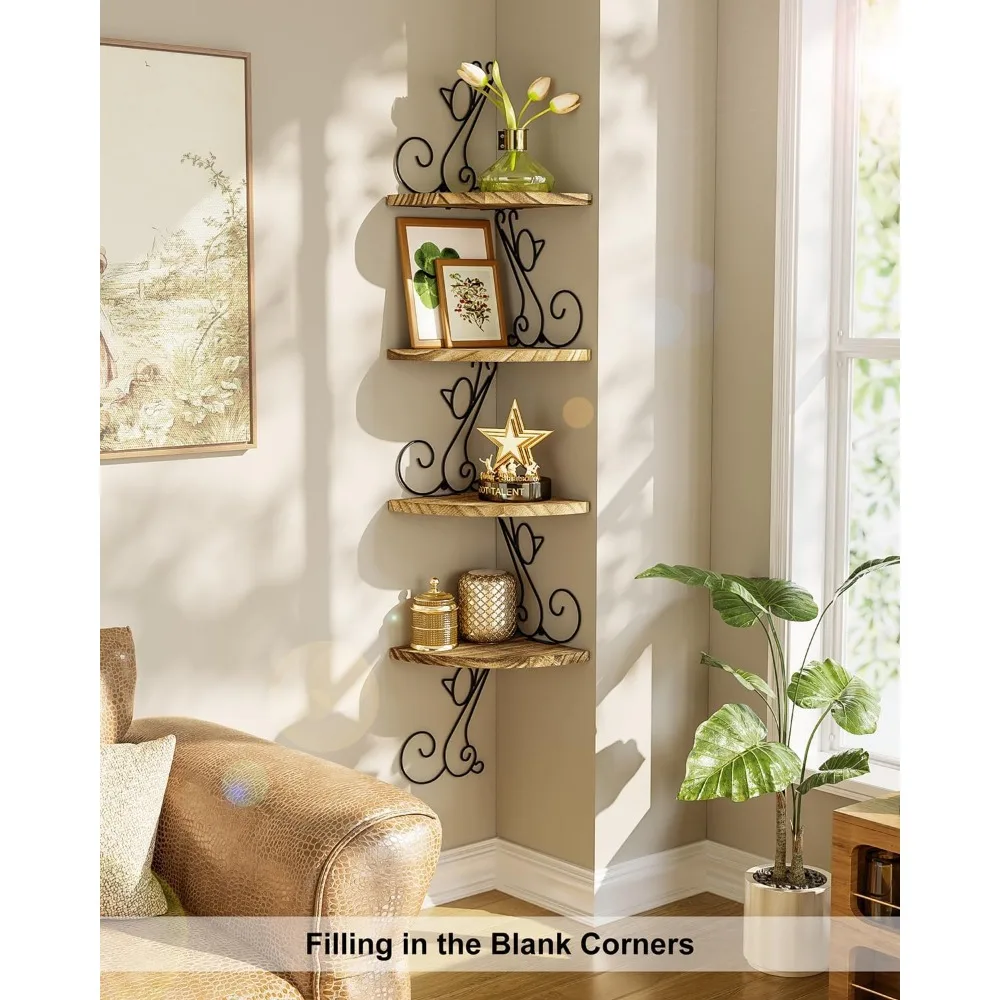 4-Tier Cat-Shaped Floating Corner Shelves, Rustic Wood Storage for Home Decor, Easy Install