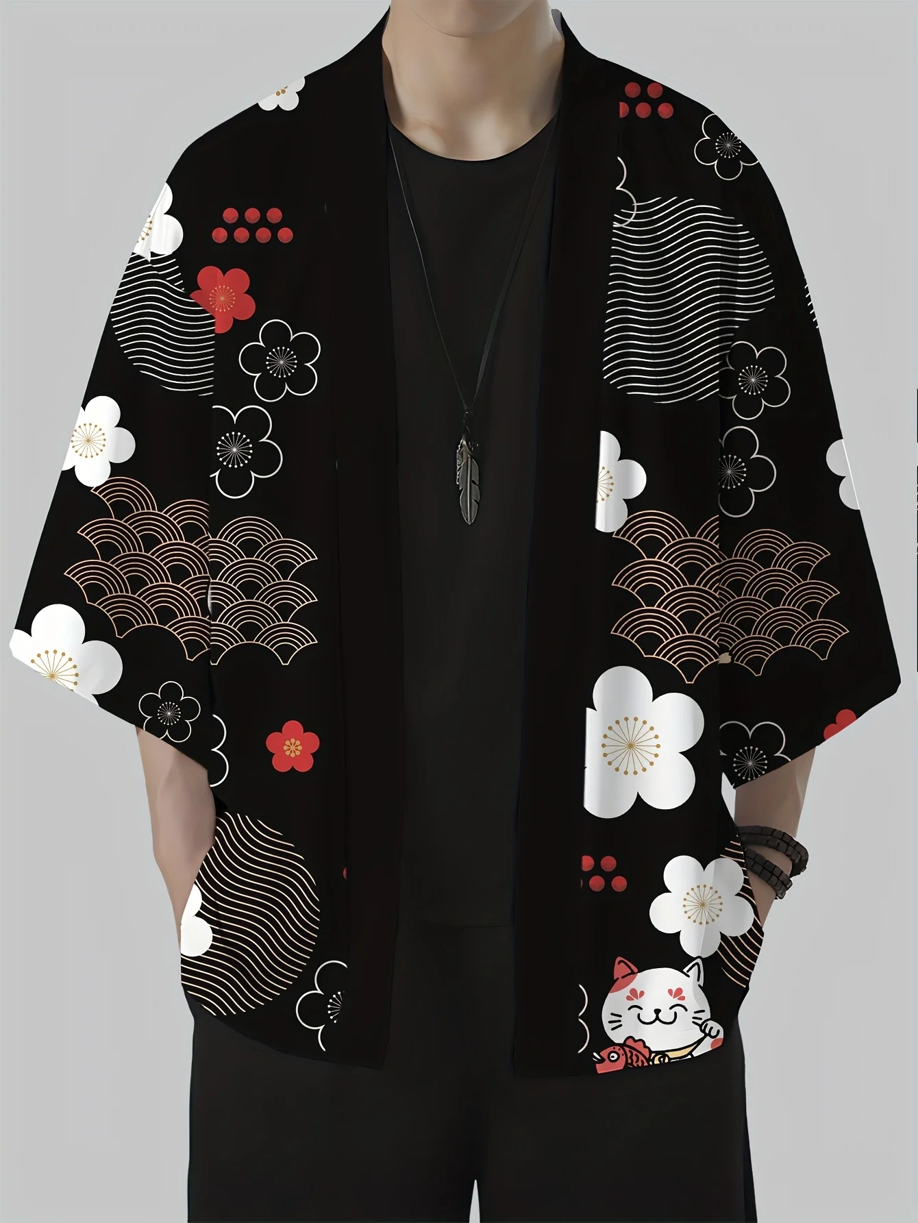 Men's Floral Print Loose-Fit Kimono Daily Wear Men's Japanese Kimono Traditional Japanese Relief Culture Mens Cape Kimono Style