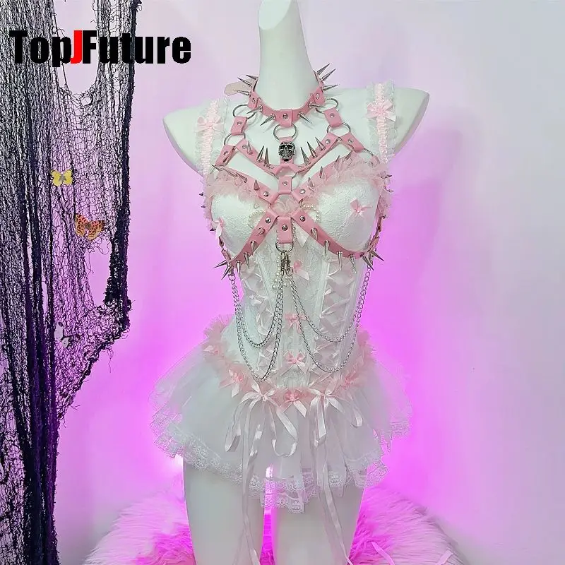 European American Y2K Subculture PU Leather Harness Punk Gothic Street Body Strap Belt with Rivet Skull Decor  Waist for Women