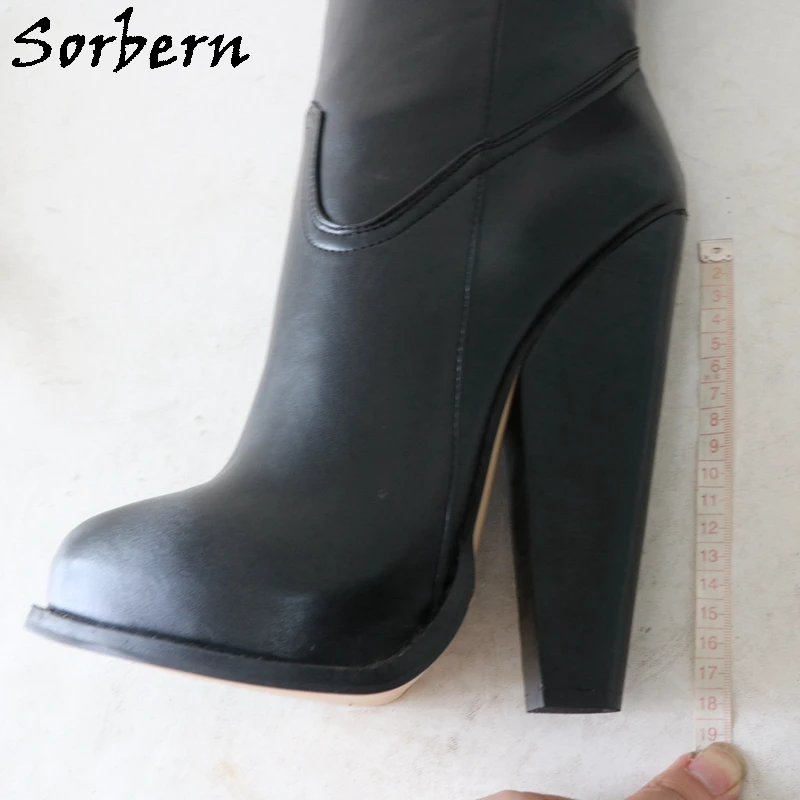 Sorbern Black Matte Wide Ankle Boots Women Block High Heel Stilettos Cute Round Toe Hidden Platform Shoes Slip On Unisex Booties