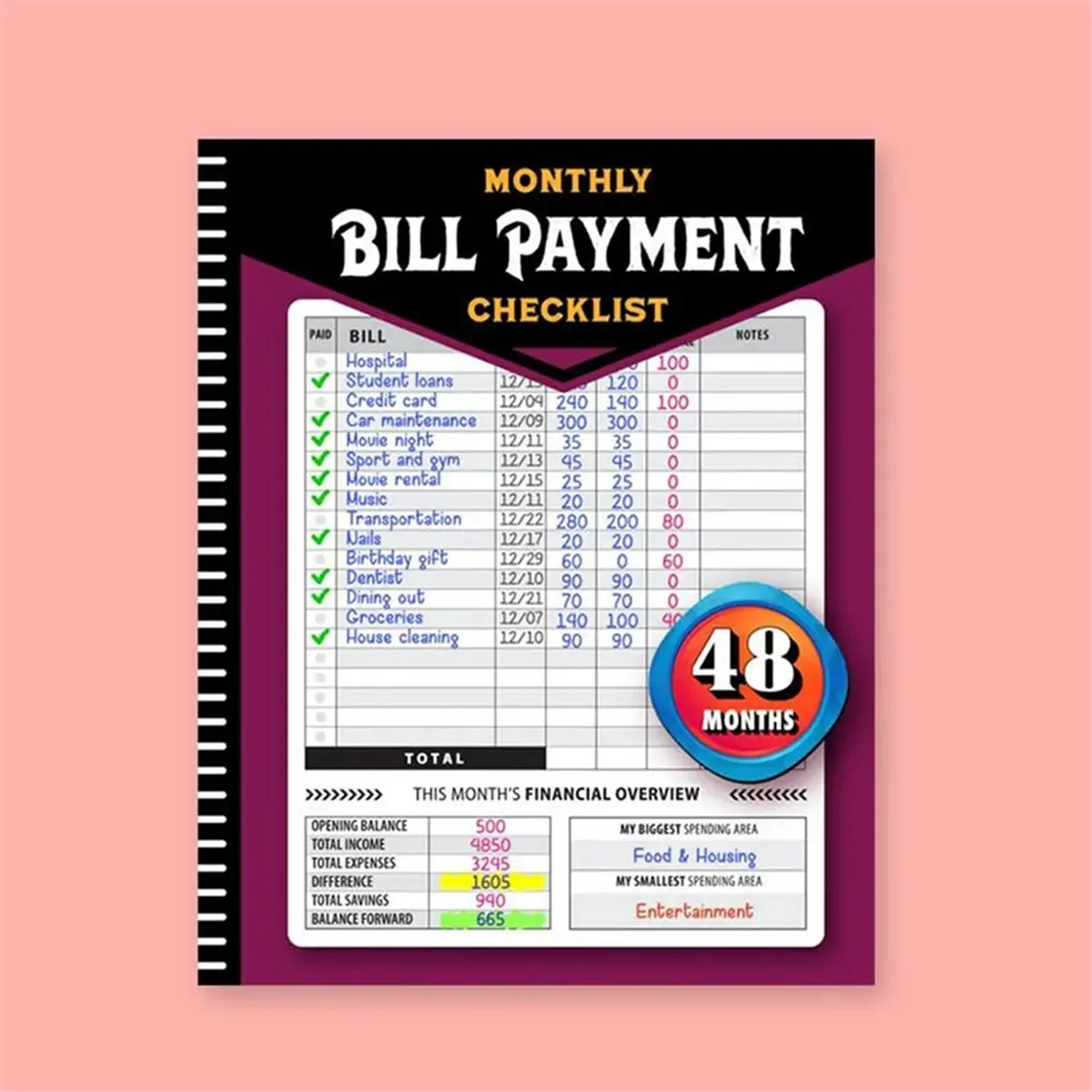 Bill Tracker Notebook Monthly Financial Budgeting Management Book for Family Expense Tracker 4-Year Guide Payment Easy