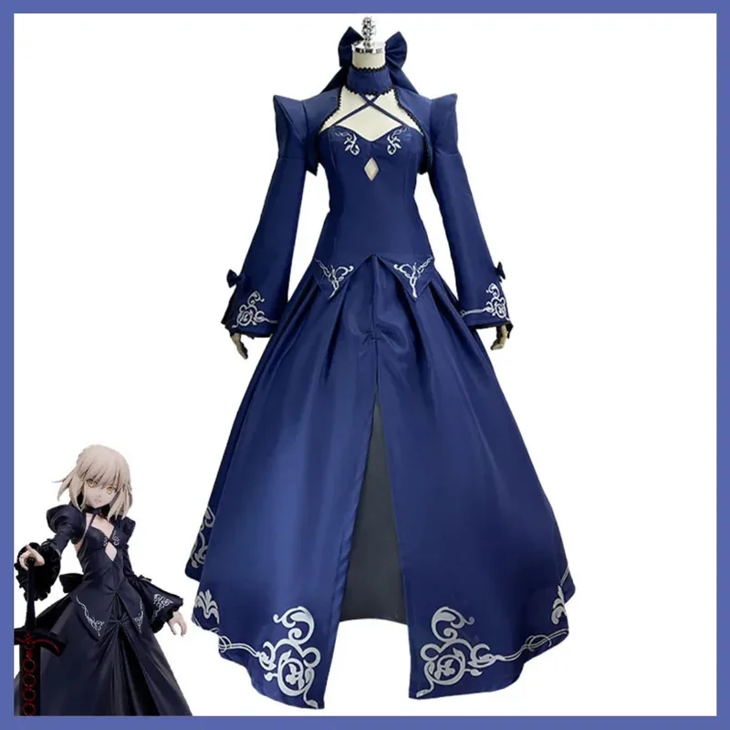 

Game Fate/Stay Night Altria Pendragon Cosplay Costume Saber Blue Long Sleeves Evening Dress Combat Uniform Wig Wom8;c'4,t;6.j'2;