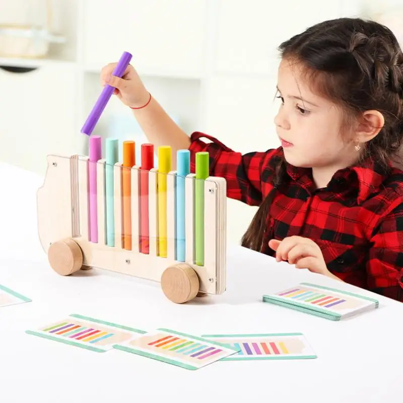 SU 1Set Movable Trolley With 20 Cards Color Cognition Toys Color Sorting Game Bus Shaped Toy For Inserting Multicolored Sticks