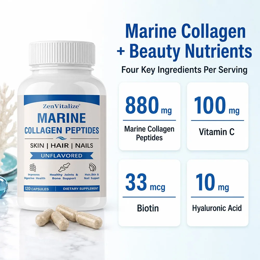 Marine Collagen Complex Capsules, Hydrolyzed Peptides for Skin Elasticity, Hair, Nails, Joint & & Bones Health, Glowing Beauty