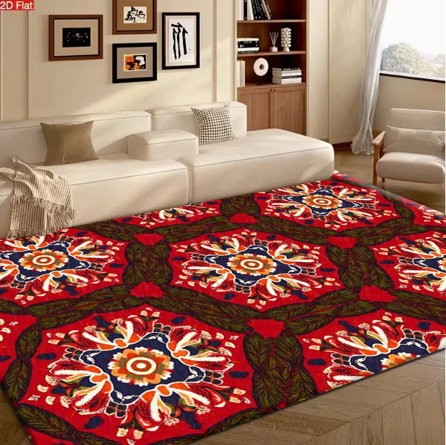 Red Mandala Folk Floral Carpet Flooring, Vintage Ethnic Symmetric Non-Slip Floor Rug for Living Room Bedroom Home Decor