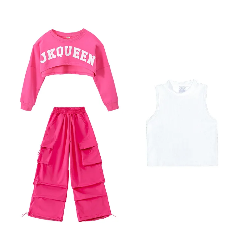 Girls Jazz Dance Outfit Set Hip Hop Girls Korean Style Pink Crop Top Kids Trendy Stage Performance Daily Practice Soft Dancewear view 6