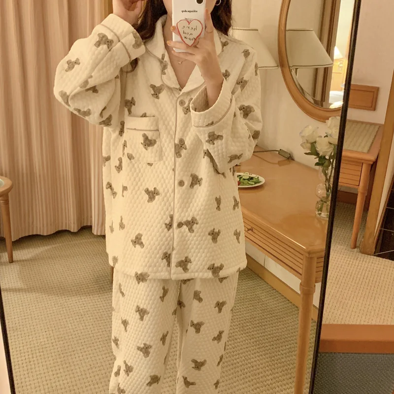 

Cotton Cartoon Bear Print Autumn Winter Lovers Long Sleeve Pajama Set Women Korean Style Warm Cute Couple Casual Sleep Tops Ins