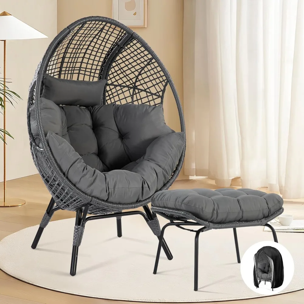 

Delicated Outdoor Indoor Wicker Egg Chair with Footrest, Oversized 440 lbs Egg Basket Cocoon Chair with Ottoman, PE Rattan Pati