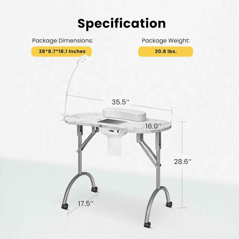 Portable Manicure Nail Table on Wheels with Built-in Dust Collector, Updated USB-Plug LED Table Lamp for Home Spa Beauty White