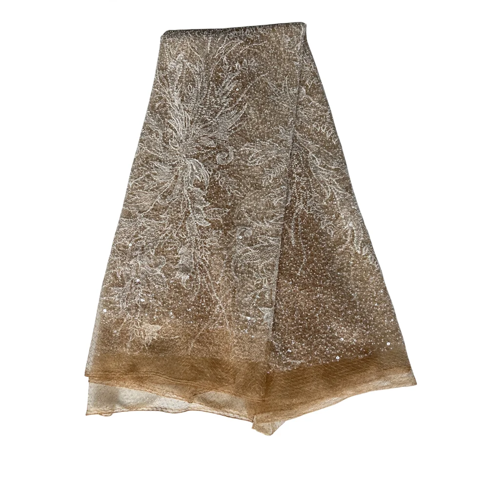 

French Net Lace Fabric with Beads and Sequins, Beautiful, Party Dress, SYJ-59885
