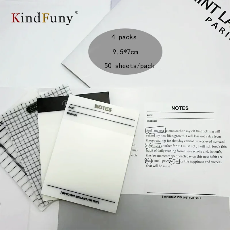 KindFuny Impermeável Sticky Note Pads, Blocos Transparentes, Material de Escritório, Papelaria Escolar, 50 Folhas